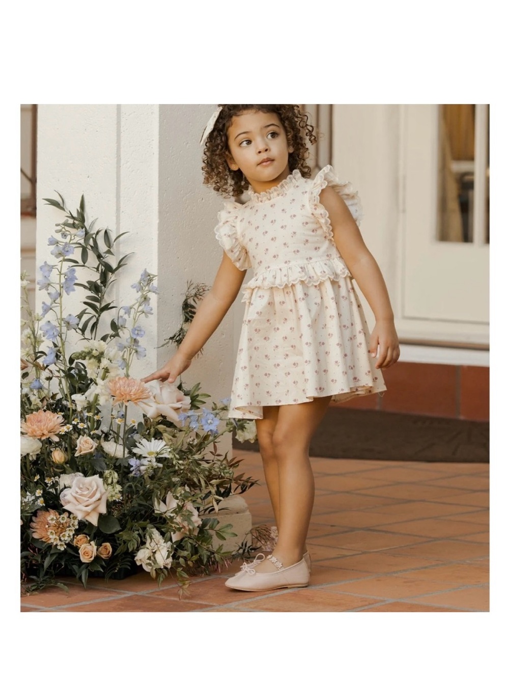 Cream Floral Ruffle-Trim Girls Dress